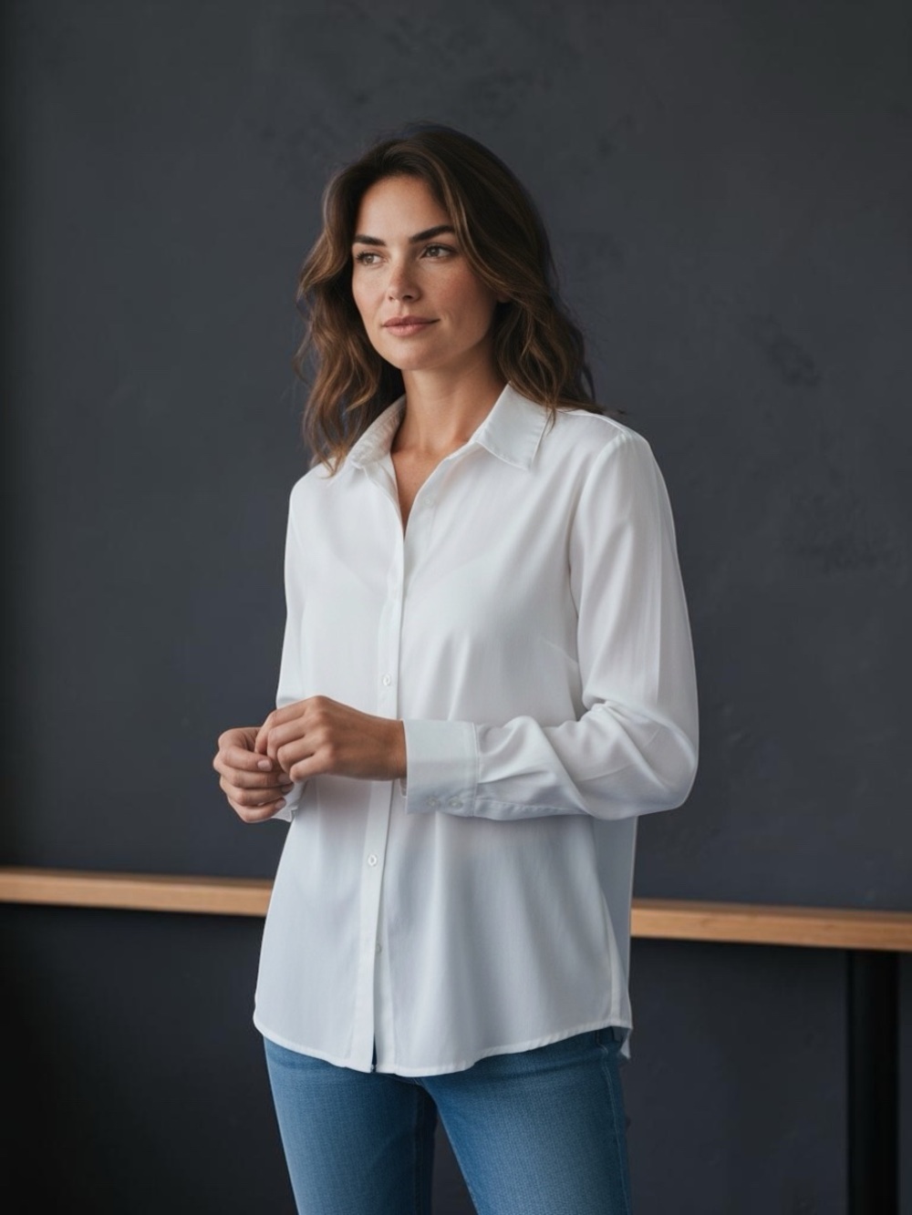 White Long-Sleeve Button Front Blouse
